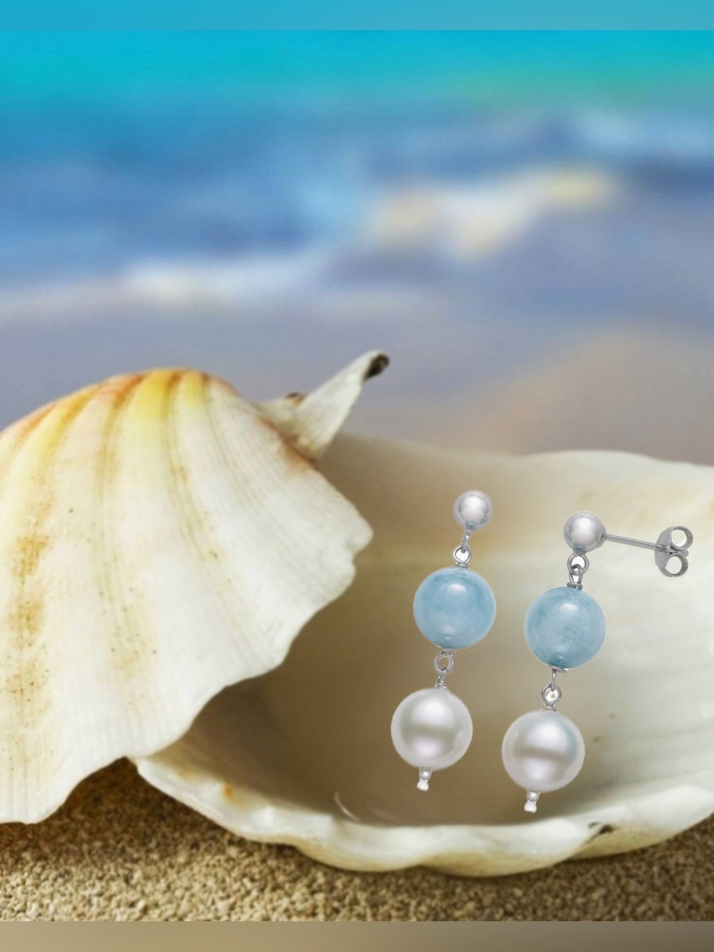 Belacqua Aquamarine & White LP Freshwater Pearl Drop Earrings w/ Sterling Silver